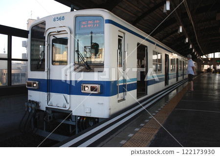 Tobu Daishi Line 8000 series train parked at Daishimae Station Tobu Daishi Line 8000 series train parked at Daishimae Station 122173930