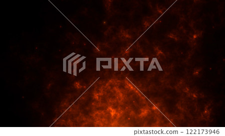 Realistic fire particles on a dark red background of smoke and ash. Orange abstract moving fireplace sparks on the smoke screensaver. Flame particles from the fire move in the wind. 122173946