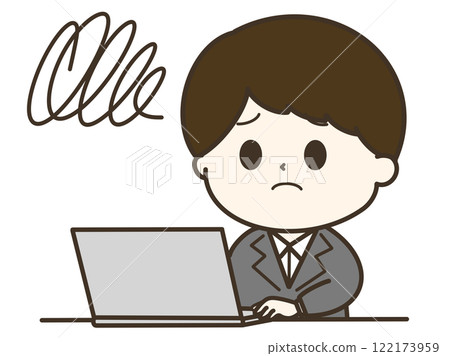 A cute and relaxed illustration of a man in a suit using a computer with a frustrated look on his face A cute and relaxed illustration of a man in a suit using a computer with a frustrated look on his face 122173959