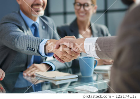 Multicultural professionals project managers group negotiating in boardroom at meeting. 122174112