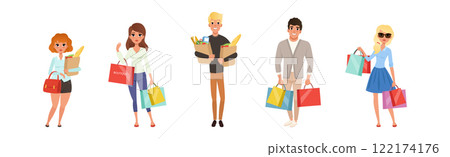 Happy Man and Woman Shopping Make Purchase and Buy Goods Vector Set Happy Man and Woman Shopping Make Purchase and Buy Goods Vector Set 122174176