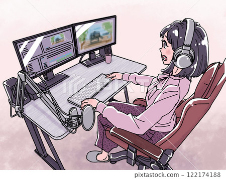 A woman making a video on a computer A woman making a video on a computer 122174188