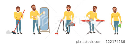 Bearded Man Character Engaged in Daily Housework Vector Set Bearded Man Character Engaged in Daily Housework Vector Set 122174286