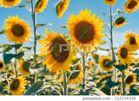 Endless field of sunflowers stretching as far as eye can see. 122174330
