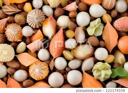 Various edible seeds and foods scattered together creating a colorful blend. 122174339