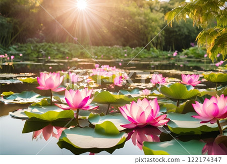 Vibrant magenta lotus blooming in a serene natural pond, radiating beauty and tranquility.AI Generated 122174347