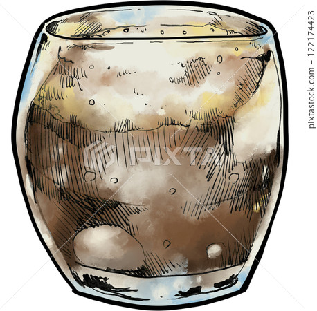 brown drink in glass cocoa, chocolate, cola cocktail hand draw illustration pen art 122174423