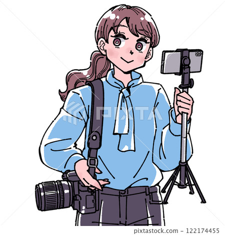 Illustration of a woman holding a camera Illustration of a woman holding a camera 122174455