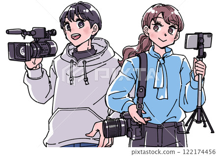 Illustration of a man and woman holding a camera Illustration of a man and woman holding a camera 122174456