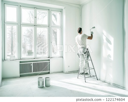 A painter in white work attire painting a wall with a roller in a bright room 122174604