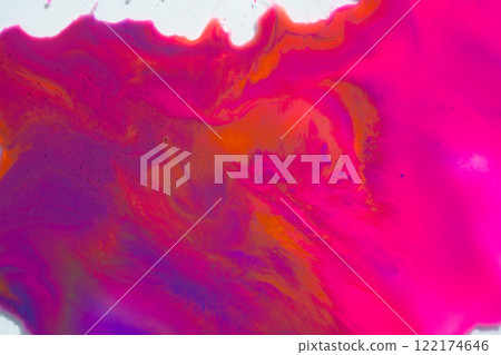 Abstract vibrant multi-color wet paint drops, swirl and splotch on white background. Purple orange and pink neon colors 122174646