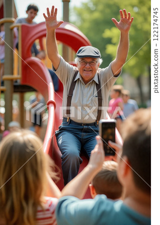Senior man joyfully slides down playground slide while children cheer on a sunny day 122174745