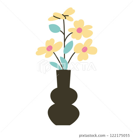 Vector illustration of modern black vase with yellow daisy flowers in flat cartoon style. Doodle icon perfect for home decor, floral design, minimalism, and interior themes, isolated colored clipart 122175055
