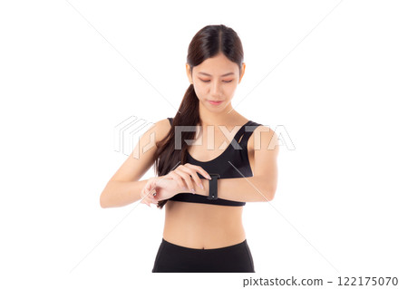 Happy young asian woman looking smartwatch for exercise and aerobics with cardio isolated. 122175070