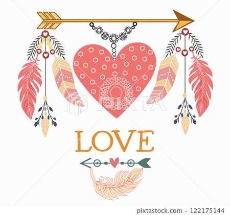 Boho tribal style elements with arrows, feathers and heart Boho tribal style elements with arrows, feathers and heart 122175144