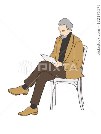 Senior man sitting and looking at a tablet 122175175