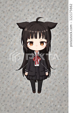 Illustration of a cute chibi character wearing a black uniform and cat ears 122175662