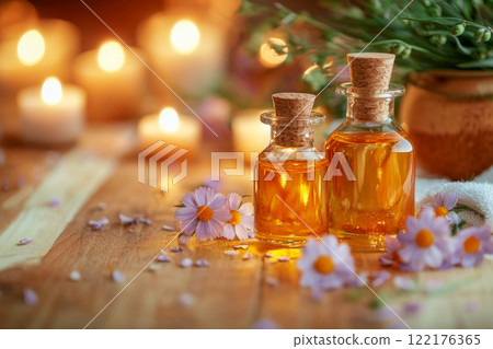 Essential oil bottle and flowers on wooden table Essential oil bottle and flowers on wooden table 122176365