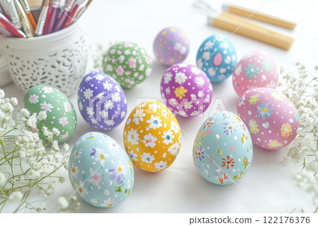 Painting colorful easter eggs with paintbrushes and flowers 122176376