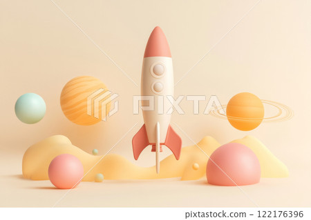 Illustration of launching cartoon rocket and planets on space background Illustration of launching cartoon rocket and planets on space background 122176396
