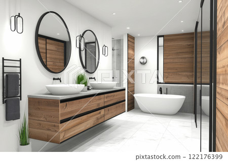 Modern bathroom interior freestanding bathtub Modern bathroom interior freestanding bathtub 122176399