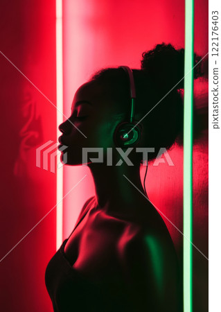 Woman wearing headphones, listening music against neon background 122176403