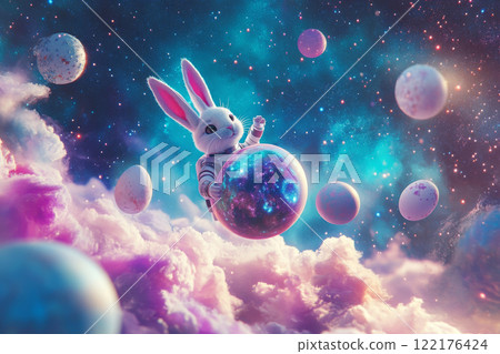 Easter bunny astronaut celebrating Easter in space with colorful planets Easter bunny astronaut celebrating Easter in space with colorful planets 122176424