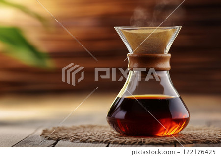 Wooden Pour-Over Coffee Maker with Glass Carafe. Specialty drip filtered coffee 122176425