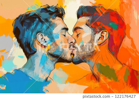 Two men kissing against bright background, colorful pop art style illustration 122176427