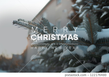 happy new year, new year's eve, silvester, new year, celebration greeting card, new year card. Festive holiday lights twinkle on a snowy evergreen tree. 2026 122176480