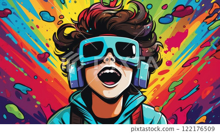 happy boy with vr glasses colorful illustration 122176509