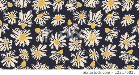 Seamless pattern with hand drawn black and white ditsy scribble flowers 122176823