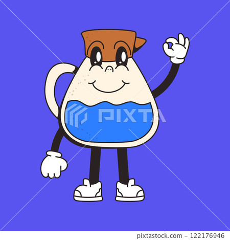 Smiling cartoon-style water jug character with expressive face, filled with water, and making an OK hand gesture on blue background. 122176946