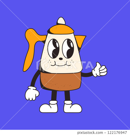 Cute cartoon-style coffee pot character with expressive eyes, smiling face, and thumbs-up gesture on a bright blue background. 122176947