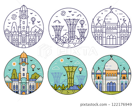 Singapore Landmarks and Symbols Line Icons Singapore Landmarks and Symbols Line Icons 122176949