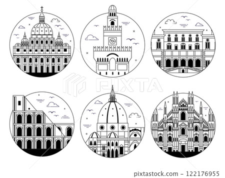 Italy Travel Circle Icon in Line Art Italy Travel Circle Icon in Line Art 122176955
