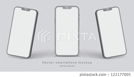 smartphone clay mockup with shadow for application design presentation isolated on grey background. minimalist mobile phone with blank screen in different angles view. vector 3d isometric illustration smartphone clay mockup with shadow for application design presentation isolated on grey background. minimalist mobile phone with blank screen in different angles view. vector 3d isometric illustration 122177005