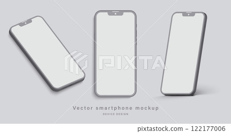 smartphone clay mockup with blank screen in different angles view isolated on grey background. minimalist mobile phone with shadow for application design presentation. vector 3d isometric illustration smartphone clay mockup with blank screen in different angles view isolated on grey background. minimalist mobile phone with shadow for application design presentation. vector 3d isometric illustration 122177006