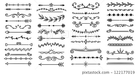Decorative dividers. Black floral line elements. Border underlines on text page. Vintage ornaments. Retro books design. Hand drawn arrows. Botanical graphic flourish. Recent vector set 122177019
