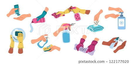 Disinfection spray using. Sanitization process. Hands in rubber gloves wash. Clean and disinfect. Detergent bottle. Antibacterial sanitizer. Antiseptic dispenser. Garish vector set 122177020