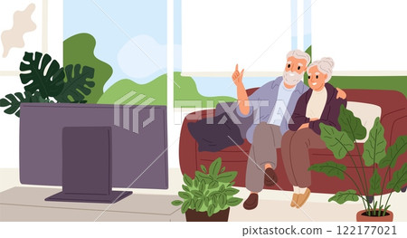 Elderly married couple. Senior people watching TV show. Grandpa and grandma hugging. Grandparents sitting on couch. Living room interior. Leisure at television. Garish vector concept 122177021