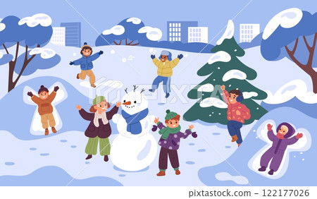 Happy children having fun. Winter city park landscape. Smiling kids playing snowballs. Boys and girls making snowman. Angel in snowdrift. Wintertime snow games. Garish vector concept Happy children having fun. Winter city park landscape. Smiling kids playing snowballs. Boys and girls making snowman. Angel in snowdrift. Wintertime snow games. Garish vector concept 122177026