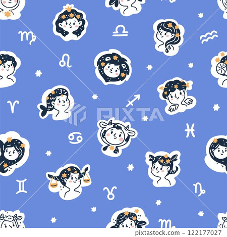 Kids zodiac signs seamless pattern. Cute little children portraits. Repeated prints. Horoscope symbols. Astrology wallpaper. Girls faces. Taurus and Gemini. Garish vector background Kids zodiac signs seamless pattern. Cute little children portraits. Repeated prints. Horoscope symbols. Astrology wallpaper. Girls faces. Taurus and Gemini. Garish vector background 122177027
