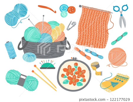 Knitting elements. Sewing and embroidery accessories. Woolen thread skein. Handcraft floss bobbin and scissors. Basket with yarn balls and tailor needles. Splendid needlework vector set 122177029