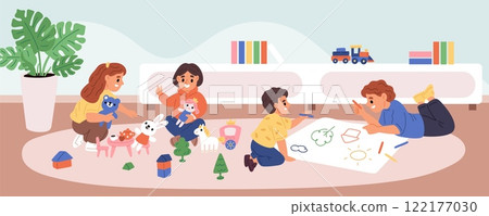Little friends playing in room. Kids activities. Boys and girls in kindergarten draw and play with toys. Nursery playground. Teenagers on carpet. Playroom games. Garish vector concept 122177030