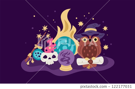 Magical items compositions. Wizard tools with owl. Alchemy elements. Oracle crystal ball. Witch book. Magic potion in skull cup. Magician accessories. Garish vector witchcraft concept 122177031