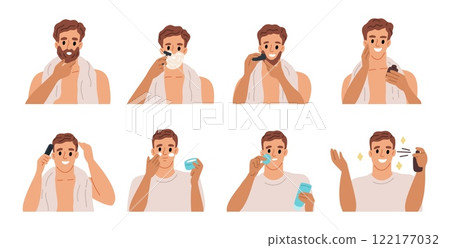 Men facial hygiene. Funny guy takes care of skin. Face wash. Daily beauty procedure. Male shaving process. Apply moisturizing cream. Healthy lifestyle. Self love routine. Garish vector set 122177032