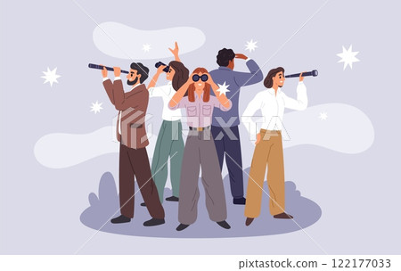 Office staff group stares into distance. Search goal. Business people with binoculars. Employees team looking through telescopes into future. Spyglass explore. Garish vector concept 122177033
