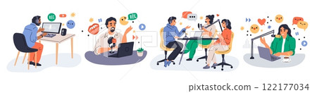 People host podcasts with guests. Audio streaming process. Internet radio. Live broadcast of interviews. Speaker using microphone and headphones. Bloggers talking. Garish vector set 122177034