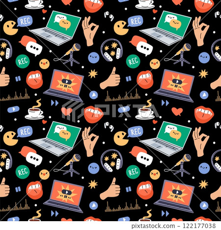 Recording studio seamless pattern. Online podcast elements. Repeated print. Broadcast microphones and headphones. Audio streaming. Host mouth. Sound equalizer. Garish vector background 122177038